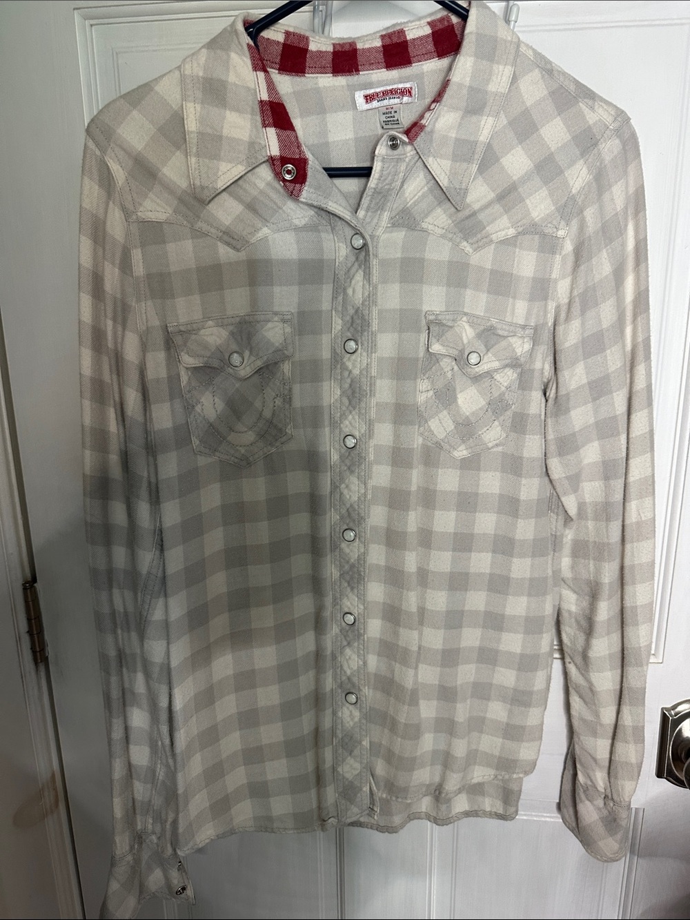 True Religion Women's Plaid Button-Down Shirt in Cream & Red